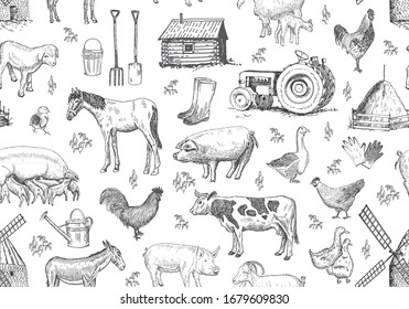 Vector seamless pattern with farm elements, animals, house, tractor, mill. Vintage sketches hand drawn illustration background. Line art style.
