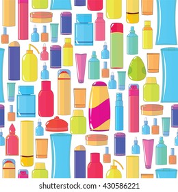Vector seamless pattern, fashion cosmetics products on white background.