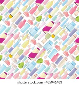 Vector seamless pattern, fashion cosmetics products on white background. Shampoo, shower gel, cream, deodorant, perfume, body lotion, nail polish, repair. Sweet girlish colors