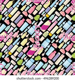 Vector seamless pattern, fashion cosmetics products on white background. Shampoo, shower gel, cream, deodorant, perfume, body lotion, nail polish, repair. Sweet colors, word beauty 