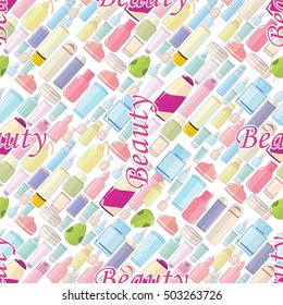 Vector seamless pattern, fashion cosmetics products on white background. Shampoo, shower gel, cream, deodorant, perfume, body lotion, nail polish, repair. Sweet colors, word beauty 