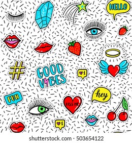 Vector seamless pattern with fashion fun patches: eyes, lip, star, strawberry, cherry, crystal, Good vibes speech bubble on confetti background. Pop art stickers, patches, pins, badges 80s-90s style