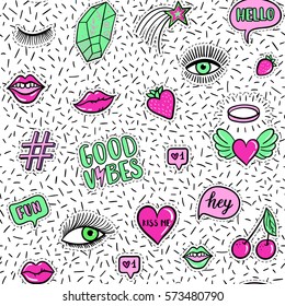 Vector seamless pattern with fashion fun patches: eyes, lip, star, strawberry, cherry, crystal, Good vibes speech bubble on confetti background. Pop art stickers, patches, pins, badges 80s-90s style