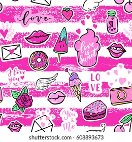 Vector seamless pattern with fashion fun patches: lip, star, strawberry, speech bubble on stripe background. Pop art stickers, patches, pins, badges 80s-90s style