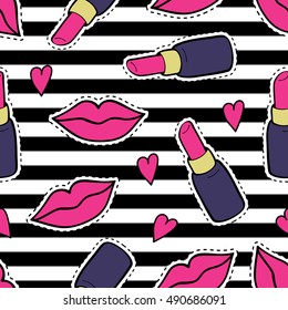 Vector seamless pattern with fashion patch badges with lips, lipsticks, hearts and stripes. Trendy background with stickers, pins, patches in cartoon 80s-90s comic style.