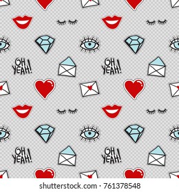 Vector seamless pattern with fashion patches. Hand drawn cute and funny illustration patch or sticker.