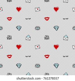 Vector seamless pattern with fashion patches. Hand drawn cute and funny illustration patch or sticker.