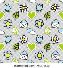 Vector seamless pattern with fashion patches. Hand drawn cute and funny illustration patch or sticker.