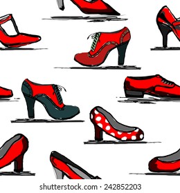 Vector seamless pattern with fashion retro red summer and spring shoes and sandals
