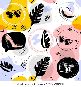 Vector seamless pattern for fashion and shopping theme with women accessory, doodle elements isolated - shoe, hat, lipstick, sunglasses, text box, monstera. Perfect for packaging design, ad, tag.
