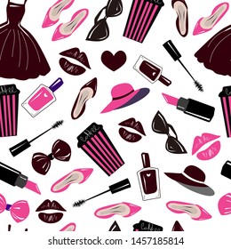 Vector seamless pattern with fashion, stylish accessory,cosmetics and women, girls stuff. Trendy colors