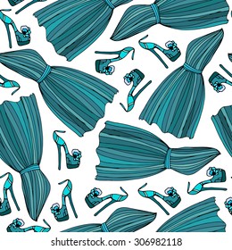 vector seamless pattern, fashion women shoes and dress shades of blue on a white background