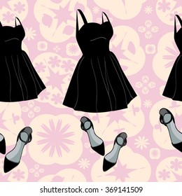 Vector seamless pattern, fashion women shoes and dress shades of black on a pink background