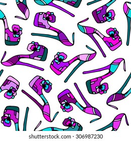 vector seamless pattern, fashion women's multi colored high heel shoes with flower on white background
