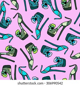 vector seamless pattern, fashion women's colored blue and green , high heel shoes with flower on pink background