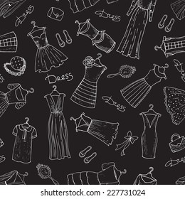 Vector seamless pattern with fashionable dresses and accessories on black background. Background for use in design, web site, packing, textile, fabric