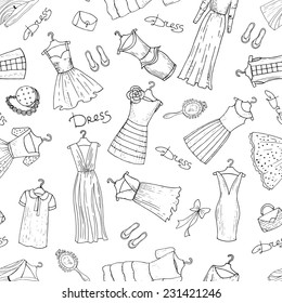 Vector seamless pattern with fashionable dresses and accessories on white background. Background for use in design, web site, packing, textile, fabric
