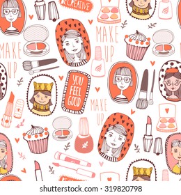 Vector seamless pattern of fashionable girl. Vector illustration of hand drawn make-up stuff. Fashion Girl design.