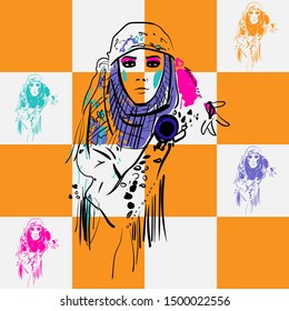 Vector seamless pattern with a fashionable illustration of a girl on a bright background in the form of a chessboard