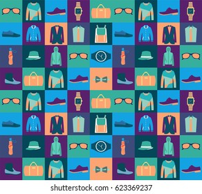 vector seamless pattern of fashionable men wear background for use in design. Fashion man cloth and accessories - Illustration