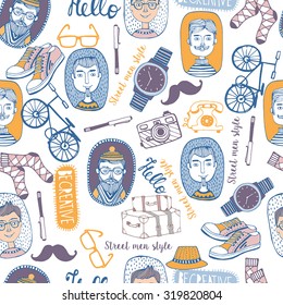 Vector seamless pattern of fashionable men's accessories and portrait of man's. vector illustration backdrop Vector template for design.