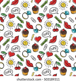 Vector seamless pattern of fashionable patches. Modern doodle pop art sketch pins and badges. Hand drawn cute and funny fashion stickers kit. Isolated on white background.
