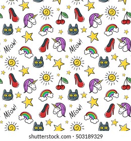 Vector seamless pattern of fashionable patches. Modern doodle pop art sketch pins and badges. Hand drawn cute and funny fashion stickers kit. Isolated on white background.