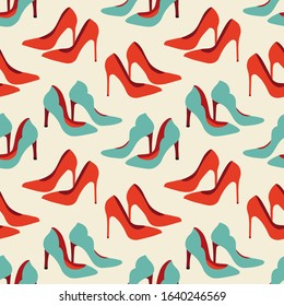 Vector seamless pattern with fashionable shoes. Handdrawn texture design.