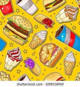 
vector seamless pattern with fast food, includes cola, cheeseburger, hamburger, burger, ice cream, berry patty