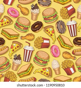 Vector seamless pattern with fast food. Fun and bright colorful background.