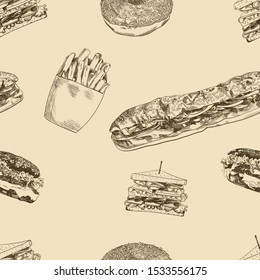 Vector Seamless Pattern, Fast Food Hand Drawn Vintage Background, Burgers, Sandwiches, Donuts, French Fries, Illustration Template.