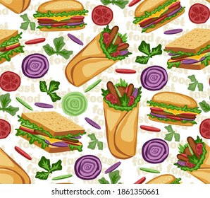 Vector seamless pattern with fast food food items. Hamburgers, cheeseburgers, rolls, sandwich, fries, tomatoes, onions, cucumbers and meat. Harmful, unhealthy diet