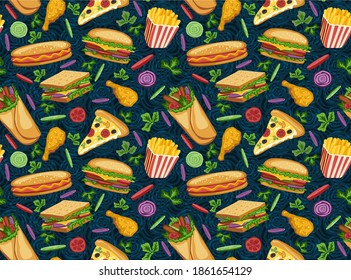 Vector seamless pattern with fast food food items. Hamburgers, cheeseburgers, roll, sandwich, fries, pizza, donut, muffin, chicken, tomatoes, onions, cucumbers and meat. Harmful, unhealthy diet