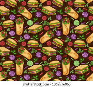 Vector seamless pattern with fast food food items. Hamburgers, cheeseburgers, rolls, sandwich, fries, tomatoes, onions, cucumbers and meat. Harmful, unhealthy diet