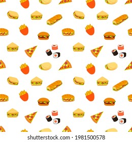 Vector seamless pattern, fast food background, colorful sandwiches, pizza, sushi on white background.