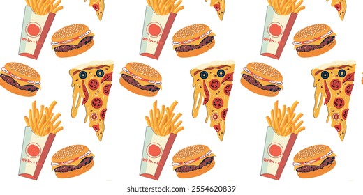 Vector seamless pattern with fast food elements like French fries, pizza, and hamburgers