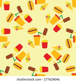 Vector seamless pattern with fast food: cheeseburger, french fries, ice cream, soda. Background for use in design, web site, packing, textile, fabric