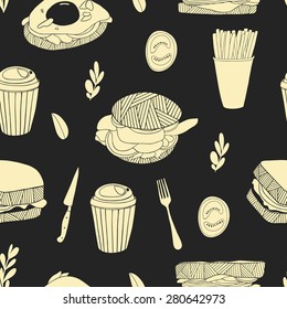 Vector seamless pattern with fast food. Kitchen background with sandwiches, coffee and french fries. Hand drawn style 