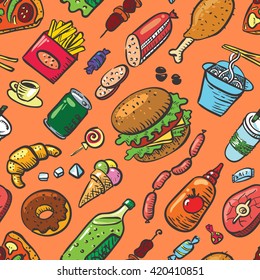 Vector seamless pattern with fast food products in cartoon style