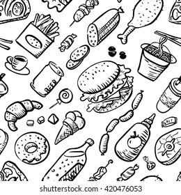 Vector seamless pattern with fast food products in sketchy style