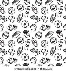 Vector seamless pattern with fast food objects. Junk food and sweets seamless background in trendy doodle style.