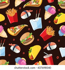 vector seamless pattern with fast food icon set. Burger, plastic glass with cold drink, French fries, tacos, pizza, sushi. Pictures isolate on dark background