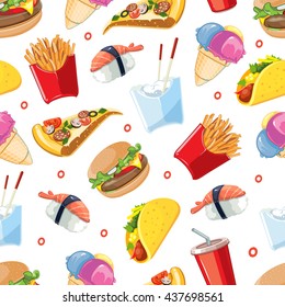 vector seamless pattern with fast food icon set. Burger, plastic glass with cold drink, French fries, tacos, pizza, sushi. Pictures isolate on white background