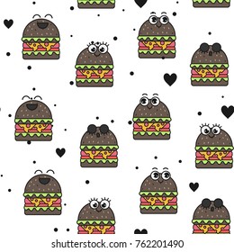 Vector seamless pattern with fast food. Fries, rolls, hamburgers, toasts. Emotional food