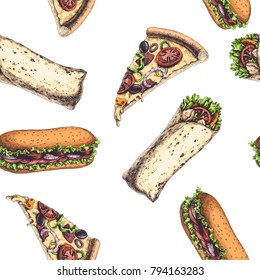 Vector seamless pattern with fast food. Vintage color illustration of pizza slice, wrap and sandwich isolated on white. Hand drawn texture in engraving style 