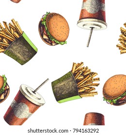 Vector seamless pattern with fast food. Vintage engraved color illustration of burger, french fries and drink. Hand drawn texture in sketch style