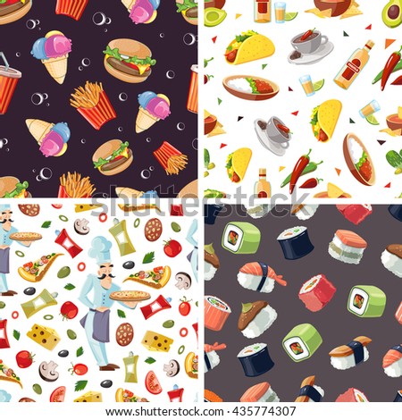 vector seamless pattern with fast food illustrations set. European, Mexican, Itallian and japan food.