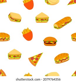 Vector seamless pattern, fastfood background, flat icons, sandwiches, pizza, French fries on white background, background template.
