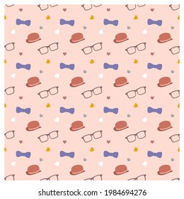 Vector seamless pattern for Father's Day with hat, bow tie, eyeglasses, and love.