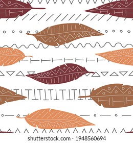 Vector seamless pattern with feather of bail eagle, quill on ethnic background